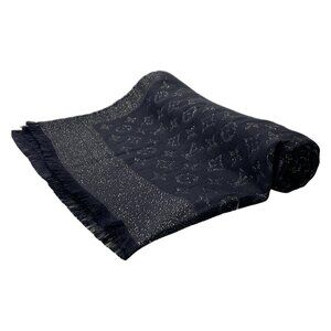 Auth LOUIS VUITTON - Black Silver Unconfirmed Scarf Silk Polyester Nylon